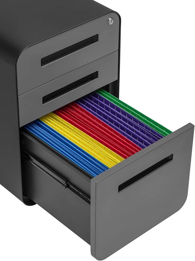 Laura Davidson Furniture Stockpile 3 Drawer File Cabinet with Lock - Under Office Desk Metal Filing Cabinet, Legal/Letter File Folders, Wheels and Stationary Feet, Pre-Assembled, Black/Grey