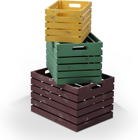 wald imports - Set of 3 Red, Green & Gold Wooden Crates for Storage - Decorative Wooden Crate Set for Home Decoration & Display - Vintage Storage for Household Goods