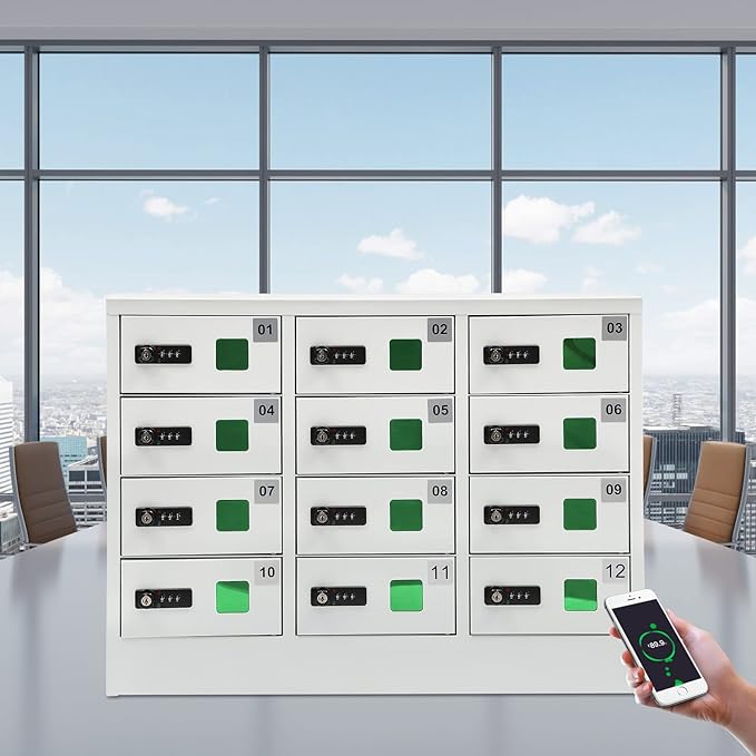 12 Slot Cellphone Charging Station, Locker Charging Station with Multiple Protection Function 3In1 Charging Ports and Plug-in Power Cord Combination Lock Mini Storage for Schools Airports Etc