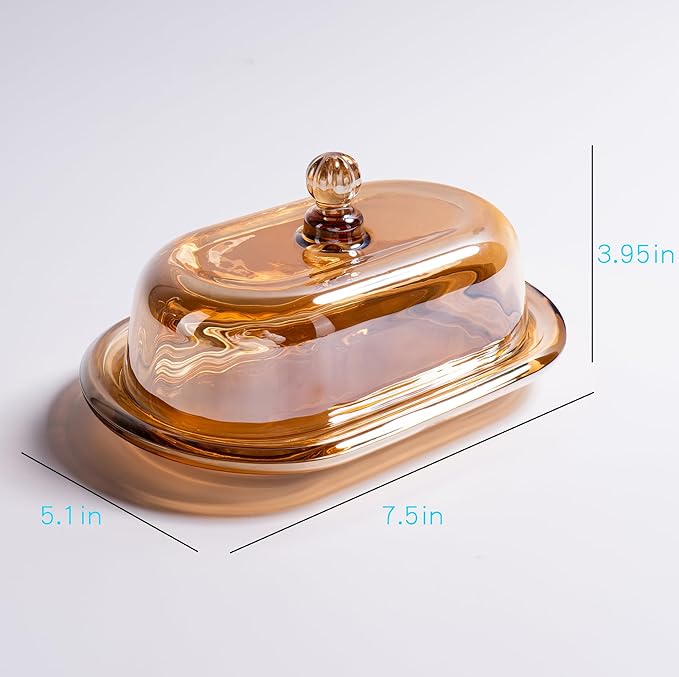 7.5" Glass Butter Dish with Lid for Countertop, Elegant Champagne-Colored Crystal Butter Stick Holder Container