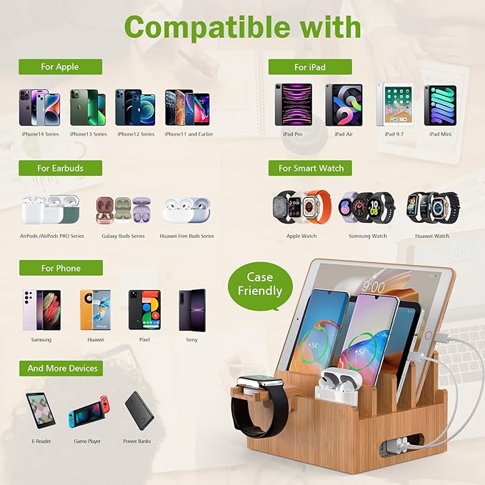 Pezin & Hulin Bamboo Charging Stations, Cell Phone Organizer for Multiple Devices, Tablets, Smart Watch, Included 5 Port USB Charger, Pack 5 Cables