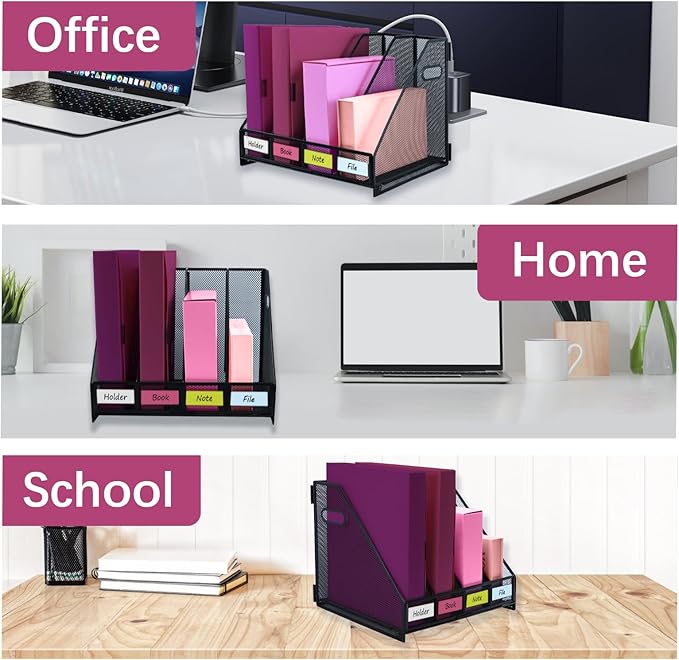 Desk Organizers, Metal Magazine File Holder with 4 Vertical Compartments Rack Binder File Organizer for Office Supplies, Home Workspace - Black