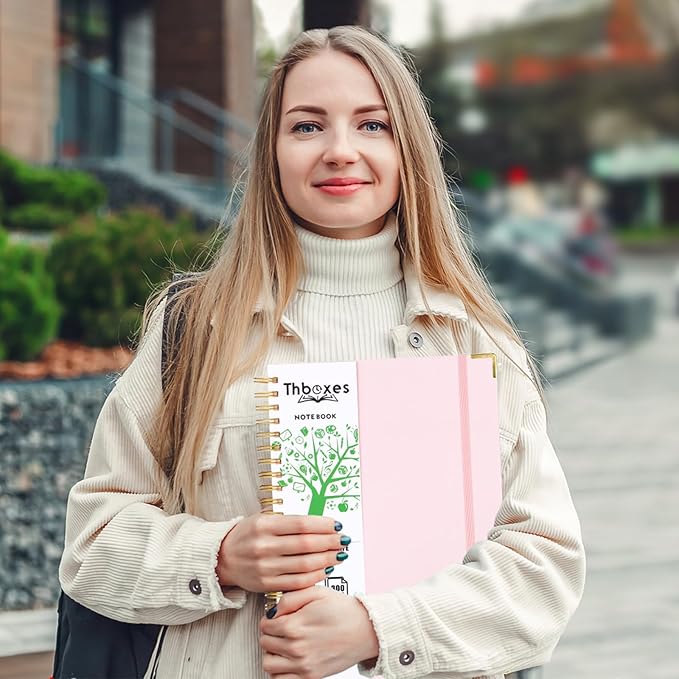Spiral Notebook 8.3” x 11.6”, 300 Pages/150 Sheets Pink Notebook College Ruled A4 Spiral Notebook Journaling Notebook with Index Sticker, Back Pocket, Elastic Band for Work Business School Note Taking