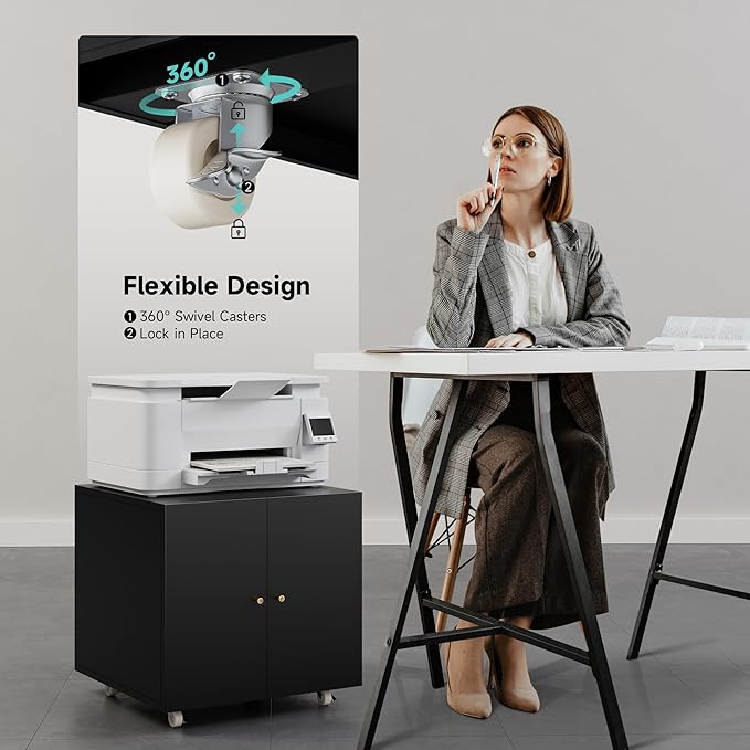 Warmiehomy Metal Printer Stand with Storage Mobile Printer Tables for Small Spaces with Door Adjustable Shelf File Cabinet on Wheels for Home Office (Black)