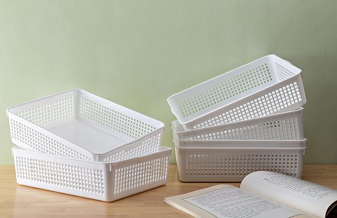 A4 Size Plastic Storage Basket,Desktop File Paper Letter Organizer Tray, 6-Packs (White)