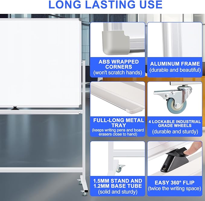 Mobile Magnet Whiteboard with Stand 60x36 Double-Sided Dry Erase Board with Stand - Magnetic Portable Standing Whiteboard - 5' x 3' Rolling White Boards with Easy Flip Feature