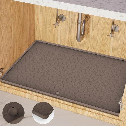 Under Sink Mat, 19"x22" Under Sink Mats for Kitchen, Silicone Waterproof Under Sink Liner, Sink Cabinet Organizer Tray with Drain Hole (Brown, 19X22)