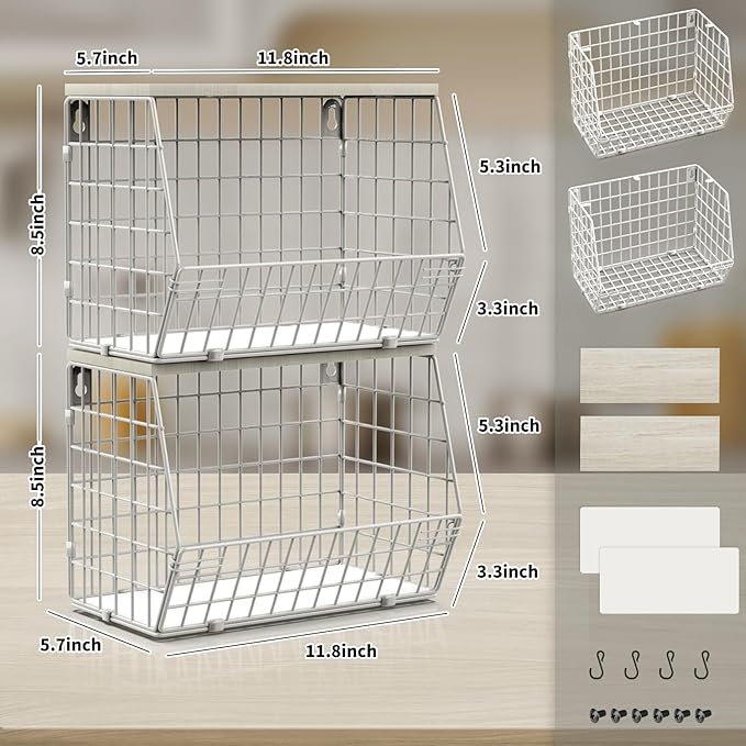 2pcs Silver Fruit Basket, Stackable Wall Mounted Pantry Organizers and Storage Basket with Wood Lid Top - Kitchen Hanging Wire Basket for Storage Bread, Cans, Snack, Fruit, Vegetable