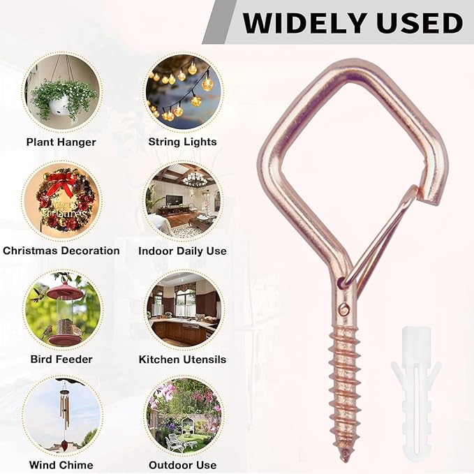 100 PCS Rose Gold Eye Screw Hooks for Hanging Heavy Duty with Safety Buckle.Metal Ceiling Hooks for Hanging Plants Cup Wind Chime Bird Feeders Patio Lights at Indoor&Outdoor