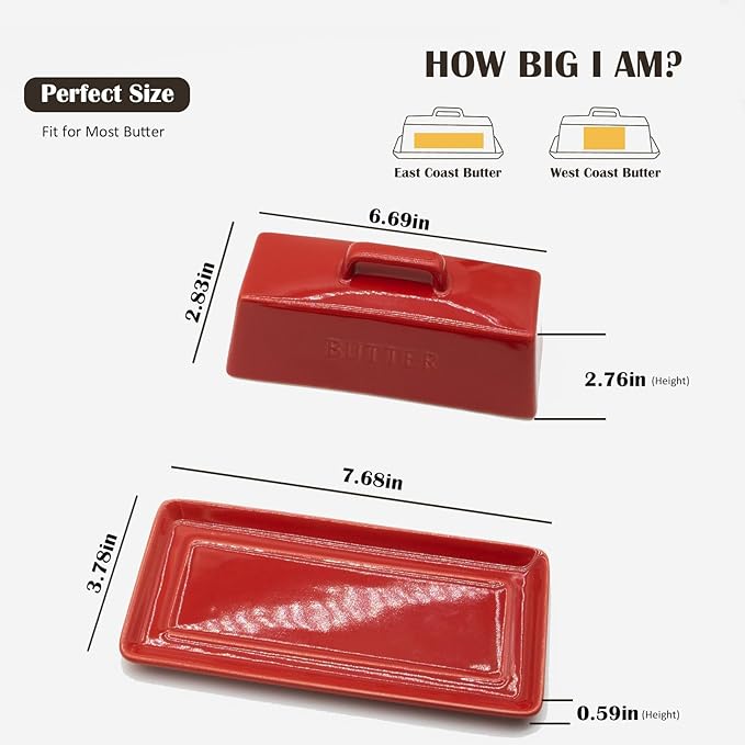 Ceramic Butter Dish With Lid for Countertop, Covered Butter Holder With Lid, Red Butter Container, Butter Tray With Handle