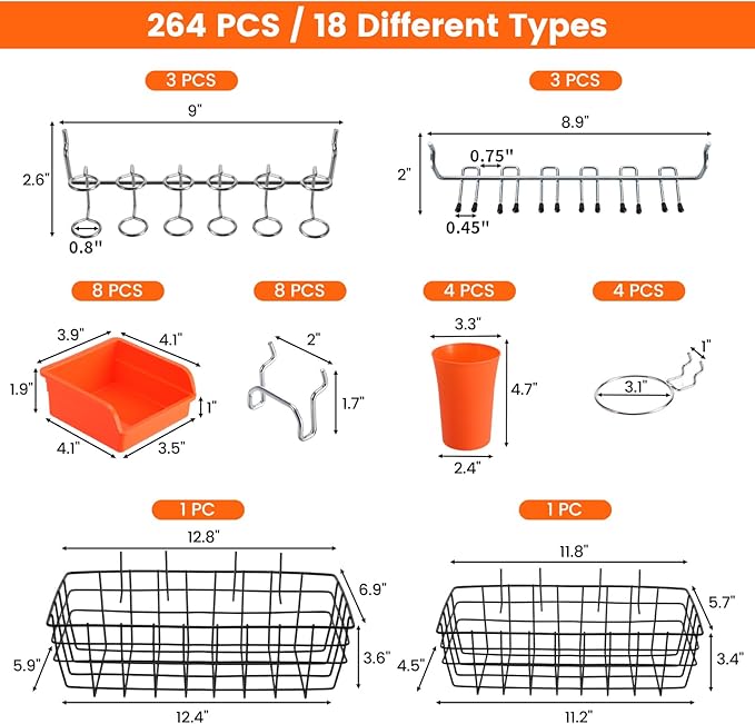 Pegboard Organizer Accessories Kit 264 PCS, Peg Board Hooks Assortment with Bins, Cups, Baskets for 1/4in Pegboard Wall Organizer, Garage Organization, Workbench, Craft Room, Hanging Tools