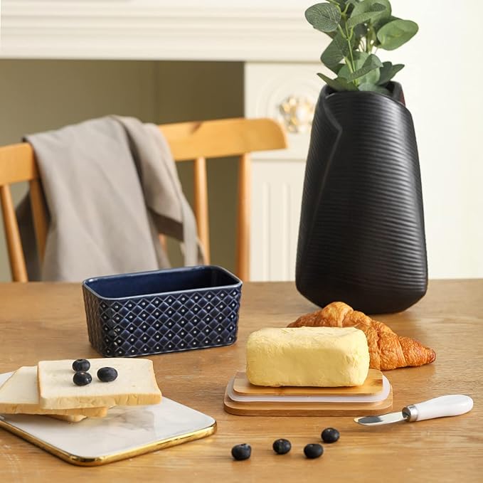 Hasense Ceramic Butter Dish with Lid, Large Butter Container for Countertop Airtight Butter Stick Covered Keeper,Navy Blue Embossed Pattern,Easy Clean Dishwasher Safe