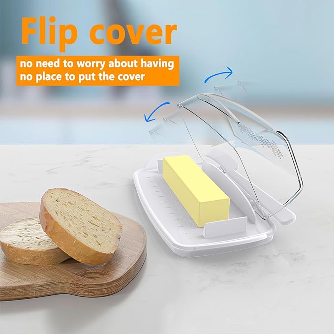 Butter Dish with Lid and Knife, Large Plastic Flip Top Butter Dishes Clear Hinged Lid, Easy Scooping Non-Slip Bottom