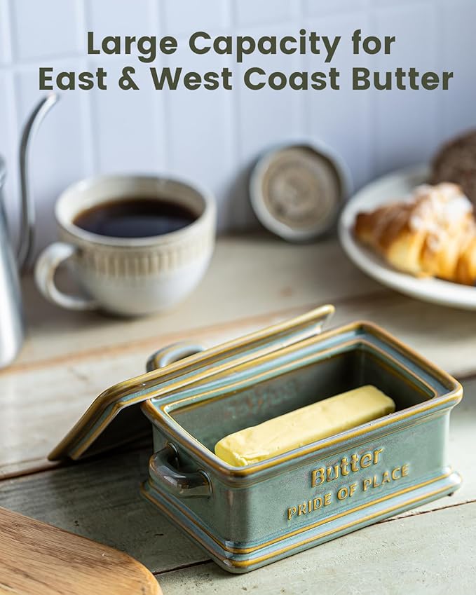 Butter Dish with Lid, Ceramic Butter Holder Container Large Butter Dish for Countertop Farmhouse Decor for Thanksgiving, Christmas Butter Keeper for East West Coast Butter, Green