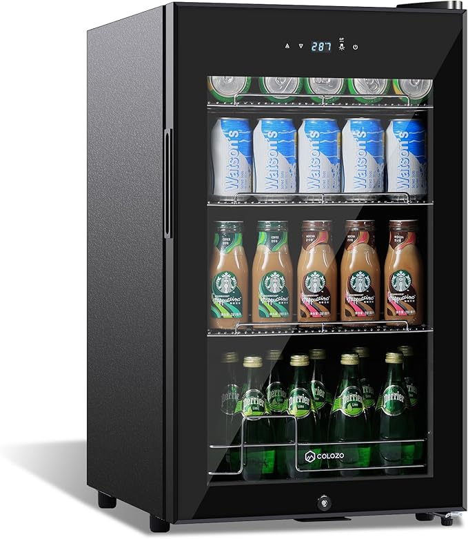 17 Inch Black Beverage Refrigerator Cooler, 96 Cans Mini Fridge with Glass Door&Lock, Beer Fridge for Soda Water or Wine, Drink Refrigerator for Home Office Bar Bedroom