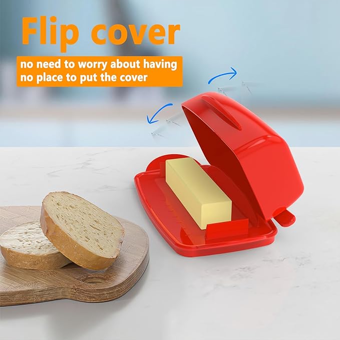 Butter Dishes with Lid for Countertop Refrigerator, Plastic Butter Dish Clear Flip Top Lid Butter Container with Spreader, Non-Slip Bottom Butter Holder Keeper (Red)