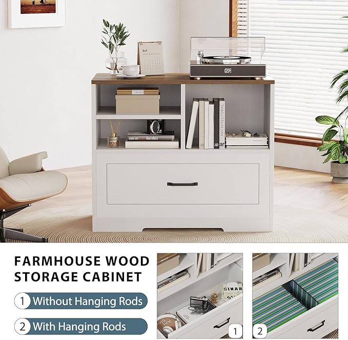LVB Lateral File Cabinets for Home Office, Wood Filing Cabinet Drawers for Letter/Legal/A4/F4 Size, Farmhouse Storage File Cabinet Printer Stand with Open Shelf, 32.7 Inch, White and Rustic Oak