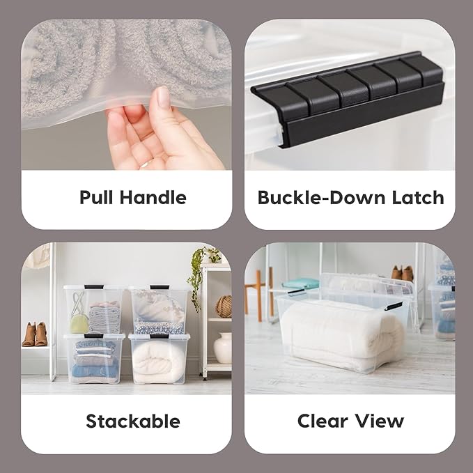 IRIS USA 94 Qt Stackable Plastic Storage Bins with Lids, 2 Pack - BPA-Free, Made in USA - See-Through Organizing Solution, Latches, Durable Nestable Containers, Secure Pull Handle - Clear
