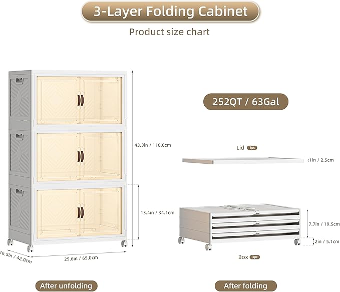 252 QT / 63 Gal Heavy Duty Double Door Storage Cabinet - Magnetic Closure, Foldable Stackable Design with Wheels & Leather Handles, Plastic Organizer for Garage/Bedroom