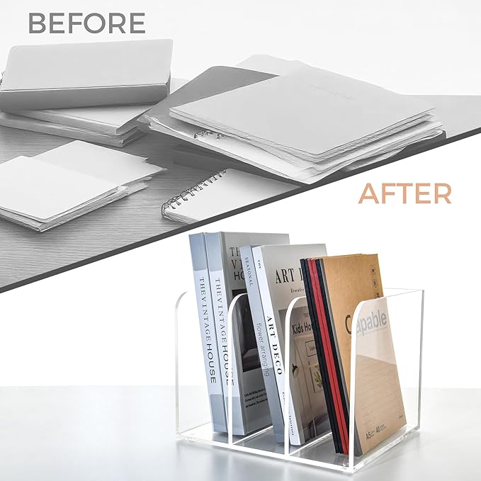 3 Vertical Compartments Clear Acrylic Magazine & File Holder – Multipurpose Desk Organizer for Documents, Tablets, Magazines, Books – Office/Home/Classroom Rack