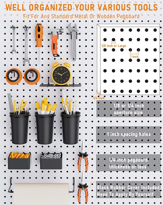 INCLY 30PCS Peg Board Organizer Accessories Kit, Pegboard Hooks Assortment with Bins, Cups, Wire Baskets and Paper Towel Holder for 1/8“ and 1/4” Pegboard Garage Workbench Craft Room Organizing Tools
