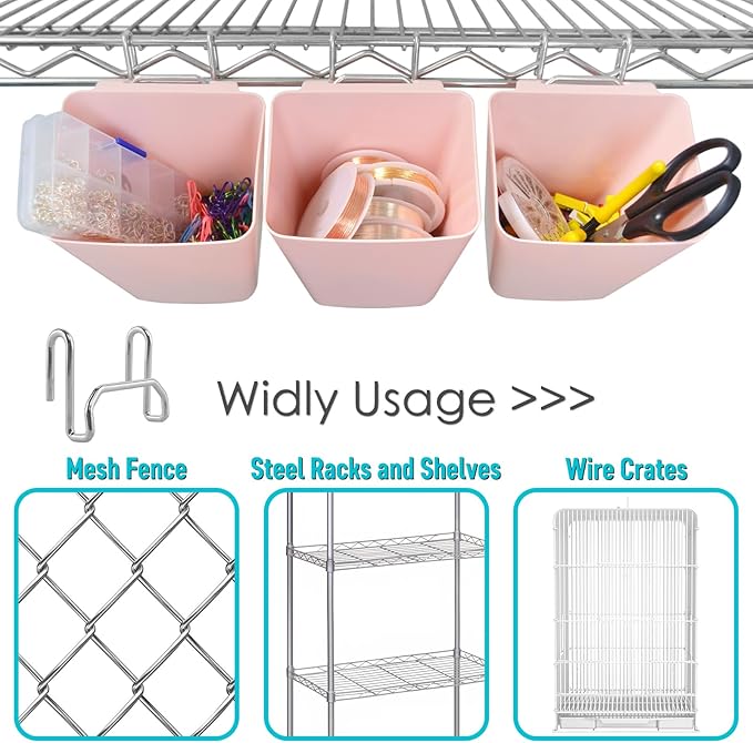 G.CORE Large Grid Wall Bins - 6Pack Pink Gridwall Accessories Hanging Cups with Back Hooks - Plastic Grid Wall Panels Organizers Wire Shelves Holders for Garage Garden Craft Office Tools Storage