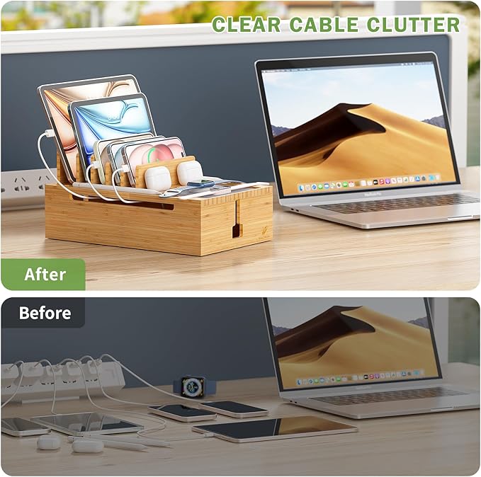 Pezin & Hulin Bamboo Charging Station for Multiple Devices, USB Charger Dock Organizer, with Power Supply (10 Ports HUB), 6 Cables, Cable Management Organizer for Cell Phones, Tablets -Natural Color