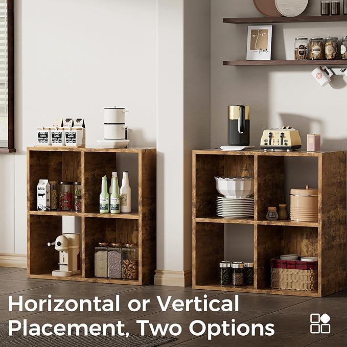 COMHOMA 4 Wood Cube Storage Organizer with Open Back and Removable Back Panels, 11In Brown Cube Storage Bookshelf, Cubicle Shelf Bookcase for Home Office Bedroom Living Room, Vertical or Horizontal