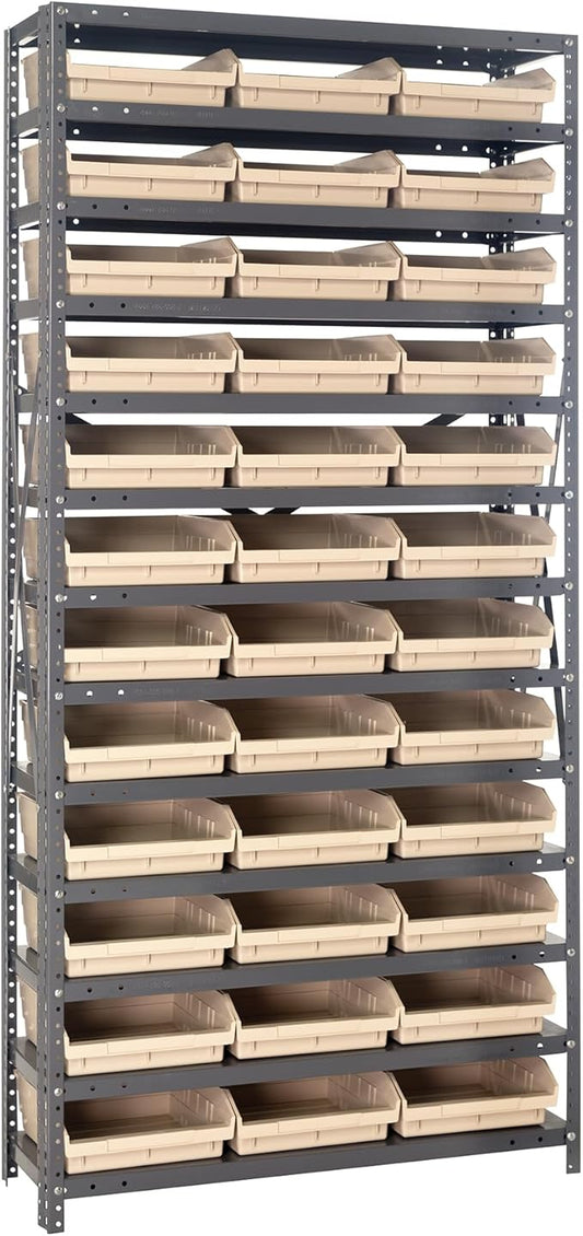 Quantum Storage Systems 1875-110IV Steel Shelving Unit with 4" Shelf Bins, 18" D x 36" W x 75" H, Ivory