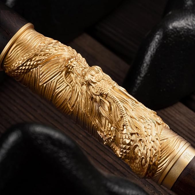 Hongdian N24 Fountain Pen Extra Fine Nib, Golden Dragon Stereoscopic Carving with Red Wood Design