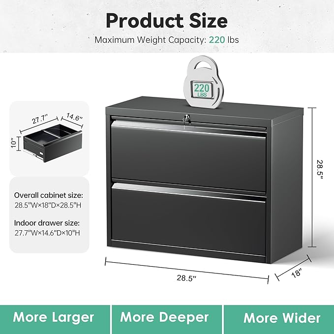 Bonusall Lateral File Cabinet with Lock, 2 Drawer Locking Lateral Filing Cabinet for Legal/Letter Size, Metal Horizontal File Organizer with Hanging Rack for Home Office, Heavy Duty, Black