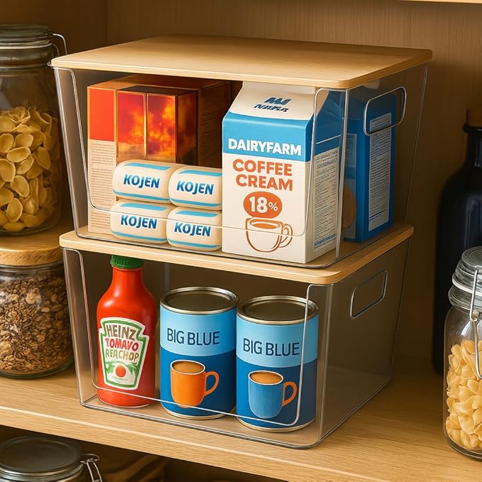 4 Pack Clear Stackable Potato & Onion Storage Bins - Trash Bag Holder Dispenser Under Sink Organizer for Pantry, Kitchen Countertop - Trash Bag Dispenser with Bamboo Lid for 4-13 Gal Bags