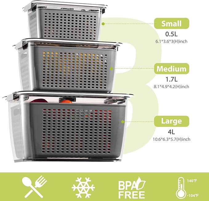 Fresh Fruit Vegetable Storage Containers, 3 Pack Produce Saver Container for Fridge with Lids &Removable Colander BPA-Free Refrigerator organizer for Fruit, Veggie Berry, Meat Keep Fresh Longer- Grey