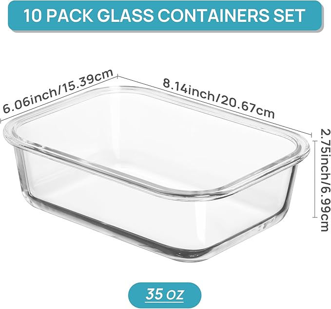 Vtopmart 10 Pack 35oz Glass Food Storage Containers with Lids, Meal Prep Containers, Airtight Reusable Lunch Container Set, Safe for Oven, Microwave, Freezer, and Dishwasher, Grey