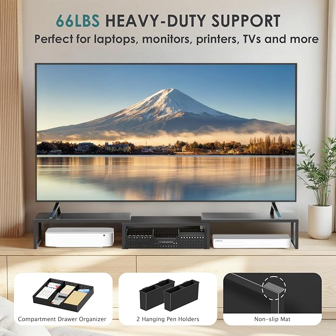 Desk Organizers and Accessories, Dual Monitor Stand Riser with Drawer and 2 Pen Holders, Desk Shelf Metal Computer Monitor Stand for Office Workspace Organizers, Desktop Organization (Black)