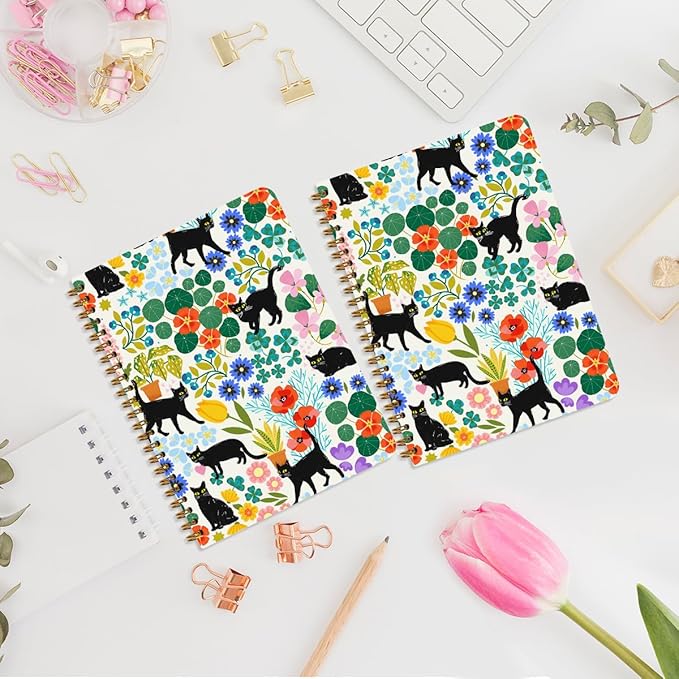 2Pcs Cute Spiral Notebook, Floral Cat College Ruled Spiral Notebook, 160 Pages Hardcover Notebooks Journals for Writing Travel Business Office, Funny Aesthetic Notebooks for Women Cat Garden