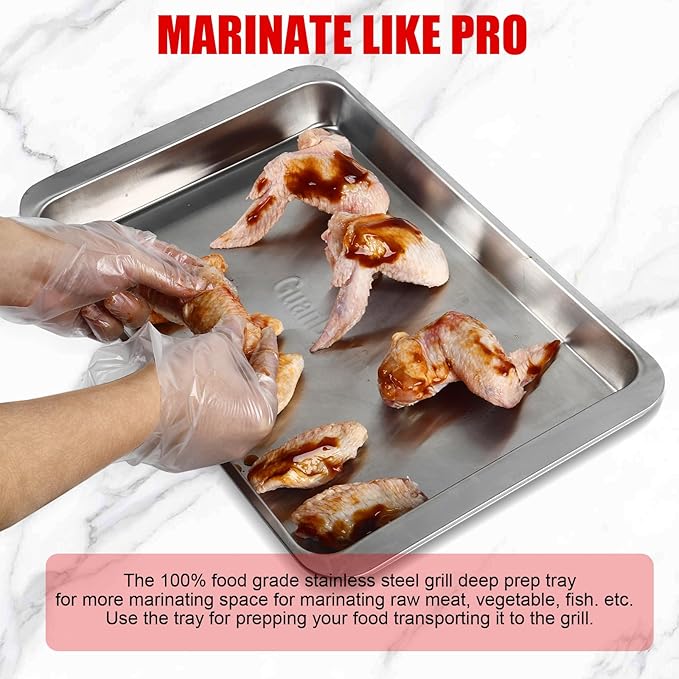 Prep and Serve Sets of 3PCS - Stainless Steel Container for Marinades, Stainless Steel Serving Tray, 2-in-1 Aluminum Defrosting Tray with Plastic Cutting Board, The BBQ Food Prep Grill Set