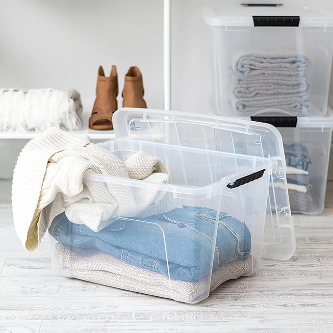 IRIS USA 40 QT Plastic Storage Box with Lid and Latches - 6 Pack - BPA-Free, See-Through Organizing Solution, Durable Nestable Stackable Containers, Secure Pull Handle - Clear