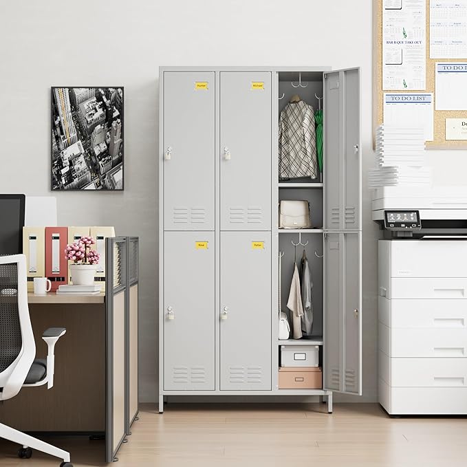 6 Doors Metal Locker with Business Card Holder,Metal Locker for Employees with 18 Hooks for School Garage Office Gym Home,Assembly Required,Light Grey