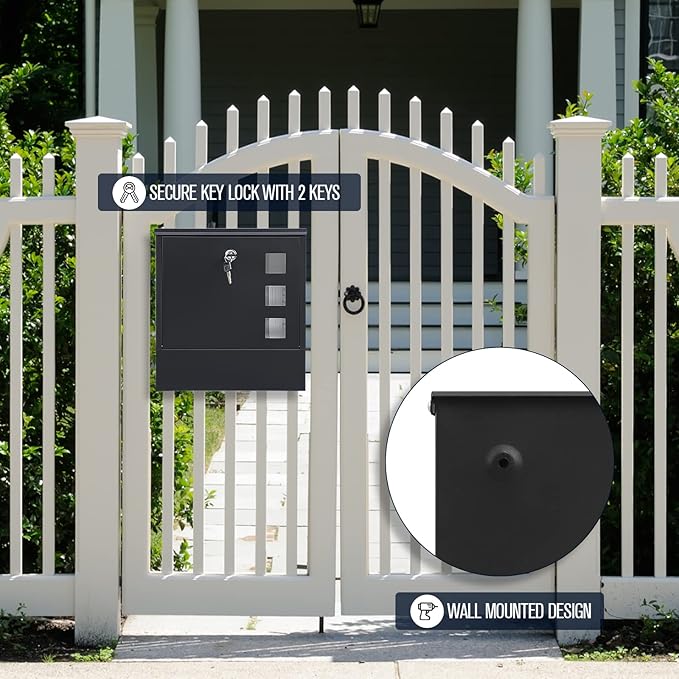 KYODOLED Locking Mailbox Wall Mount, Locked Mail Boxes, Mailbox with Key Lock for Outside, Large Capacity Drop Box for Newspapers, 13 x 3.4 x 11.8 Inch, Black