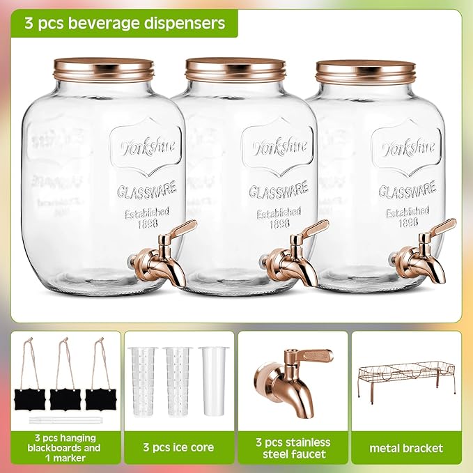 Lallisa 3 Pcs 2 Gallon Glass Drink Dispenser with Stand and Lid Mason Jar Beverage Dispenser with Stainless Steel Spigot, Hanging Chalkboard Signs, Fruit Infuse, Ice Cylinder, Liquid Pen (Rose Gold)