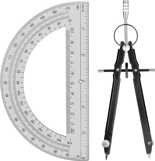 EBOOT Student Geometry Math Set, Drawing Compass and 6 Inch Clear Swing Arm Protractors 180 Degree Math Protractor (Black and Black)