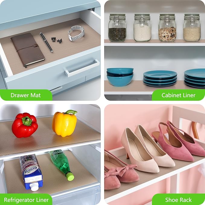 Beige Shelf Liners for Kitchen Cabinets Non Adhesive Drawer Liner for Bathroom Waterproof Refrigerator Liners for Shelves Fridge Plastic Mats Cabinet Cupboard Liner 23.6 x 78.7 Inches