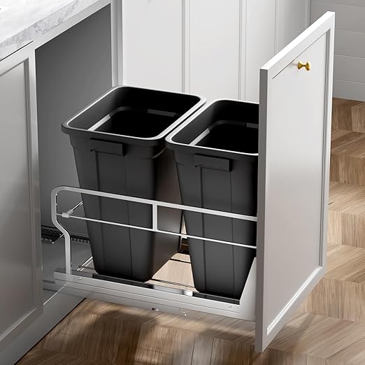 Insputer Double 40QT Pull Out Trash Can Under Cabinet, Heavy Duty Under Sink Garbage Bin Kit with Soft-Close Slides for Kitchen, Laundry, Requires Minimum Cabinets Opening 18" W X 24" D