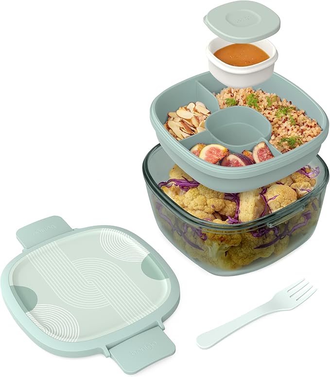 Bentgo Glass Prints All-in-One Salad Container - 61oz Tinted Glass Salad Bowl with Lid, Bento-Style Tray, Sauce Container, & Reusable Fork - Dishwasher & Microwave Safe (Mod Curve - Serene Green)