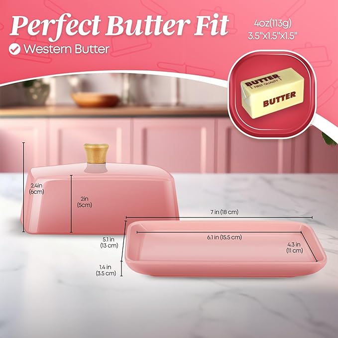 Flexzion Ceramic Pink European Butter Dish with Lid for Countertop (7 Inch) - Wide 2 Stick Double Butter Holder for Counter, Cream Cheese Container Storage Keeper