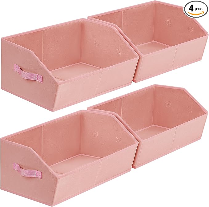 Closet Baskets for Shelves Trapezoid - Decorative Storage Baskets with Handle, Closet Bins for Organization, Shelf Storage Bins for Clothes, Books, Home, Office, 4 Pack, Pink