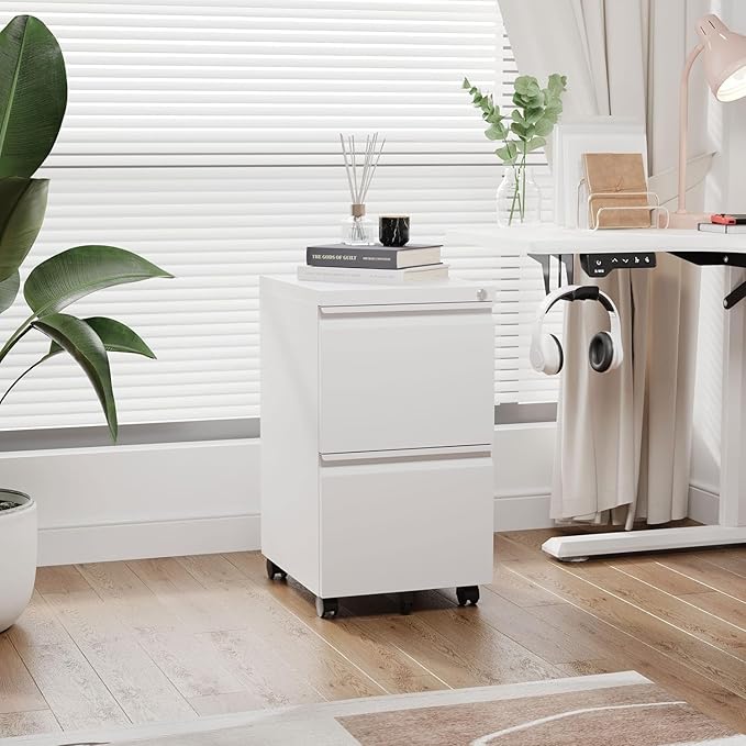 2 Drawer Mobile File Cabinet with Lock,Under Desk Filing Cabinet for Home Office, Metal Filing Cabinets on Wheels for Legal/Letter/A4 File, Assembled Required, White