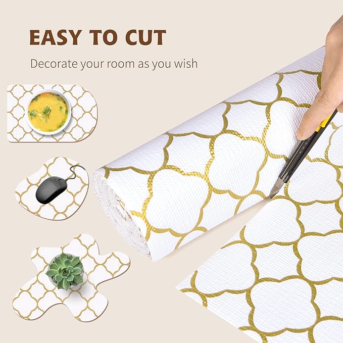 Shelf Liners for Kitchen Cabinets 17in x 20FT Non Adhesive Drawer Liner Gold Quatrefoil Thickened Shelf Liner Paper Strong Non-Slip Easy to Clean for Tool Box Refrigerator with Knife and Tape Measure