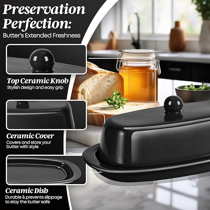 Flexzion Ceramic Black European Butter Dish with Lid for Countertop (7 Inch) - 1 Stick Butter Holder for Counter, Cream Cheese Container Storage Keeper